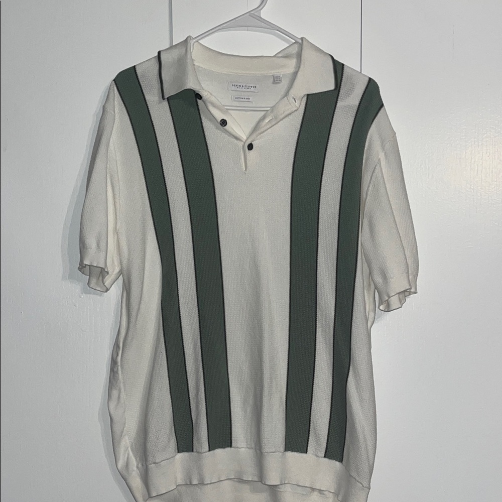 Denim & Flower Cream Polo with Green Vertical Stripes